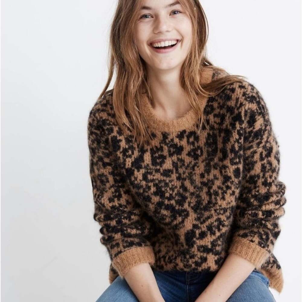 Madewell Leopard Print Sweater Alpaca Wool Cropped Brown Black Tan Size XXS